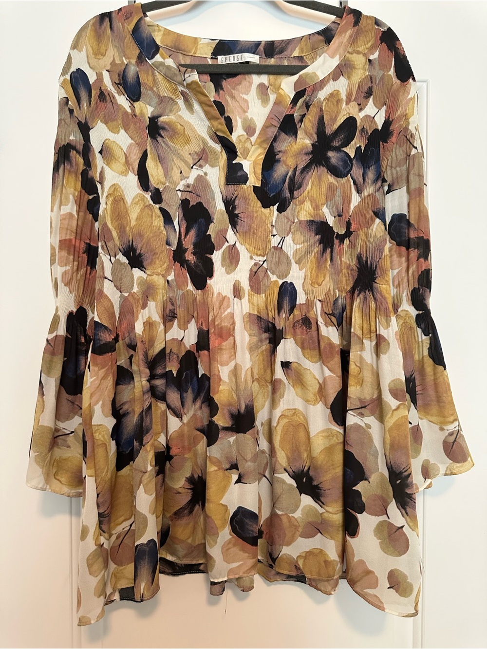 Floral V-Neck Peasant Tunic Top - Gold, Navy, Taupe